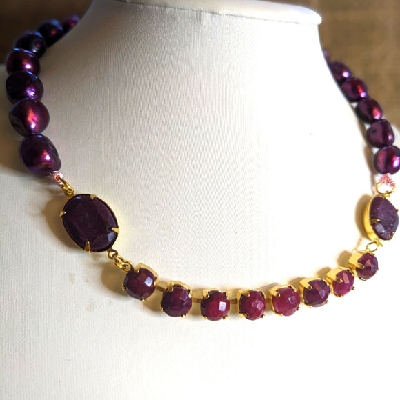 Natural Faceted Rough Ruby Approx 24 TCW. & Wine Cultured Baroque Pearl Necklace - Picture 7 of 12